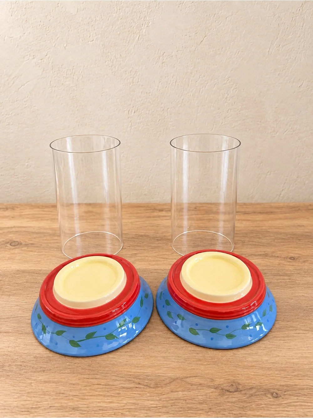 Decorative Blue Glass Hurricane Candle Holders with Red Trim (Pair)